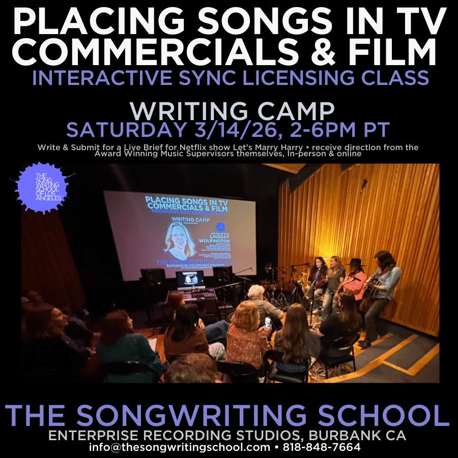 The Next Weekend SYNC LICENSING Writing Camp: Saturday 3/14/26, 2-6pm PT at Historic Enterprise Recording Studios (& over Zoom)!
