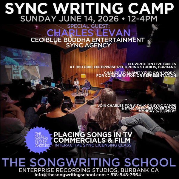 The Next Weekend SYNC LICENSING Writing Camp: Sunday 6/14/26, 12-4pm PT at Historic Enterprise Recording Studios (& over Zoom)!