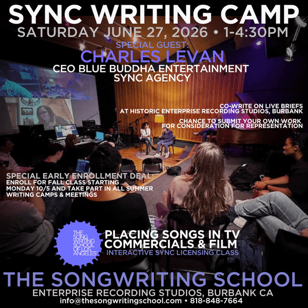 The Next Weekend SYNC LICENSING Writing Camp: Saturday 6/27/26, 1-5pm PT at Historic Enterprise Recording Studios (& over Zoom)!